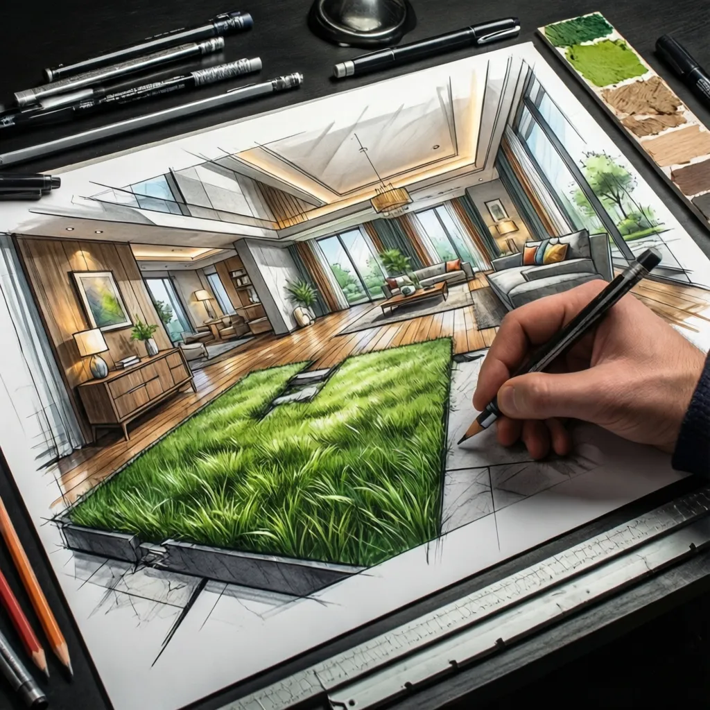 Detalle de textura de césped en un boceto de diseño interior