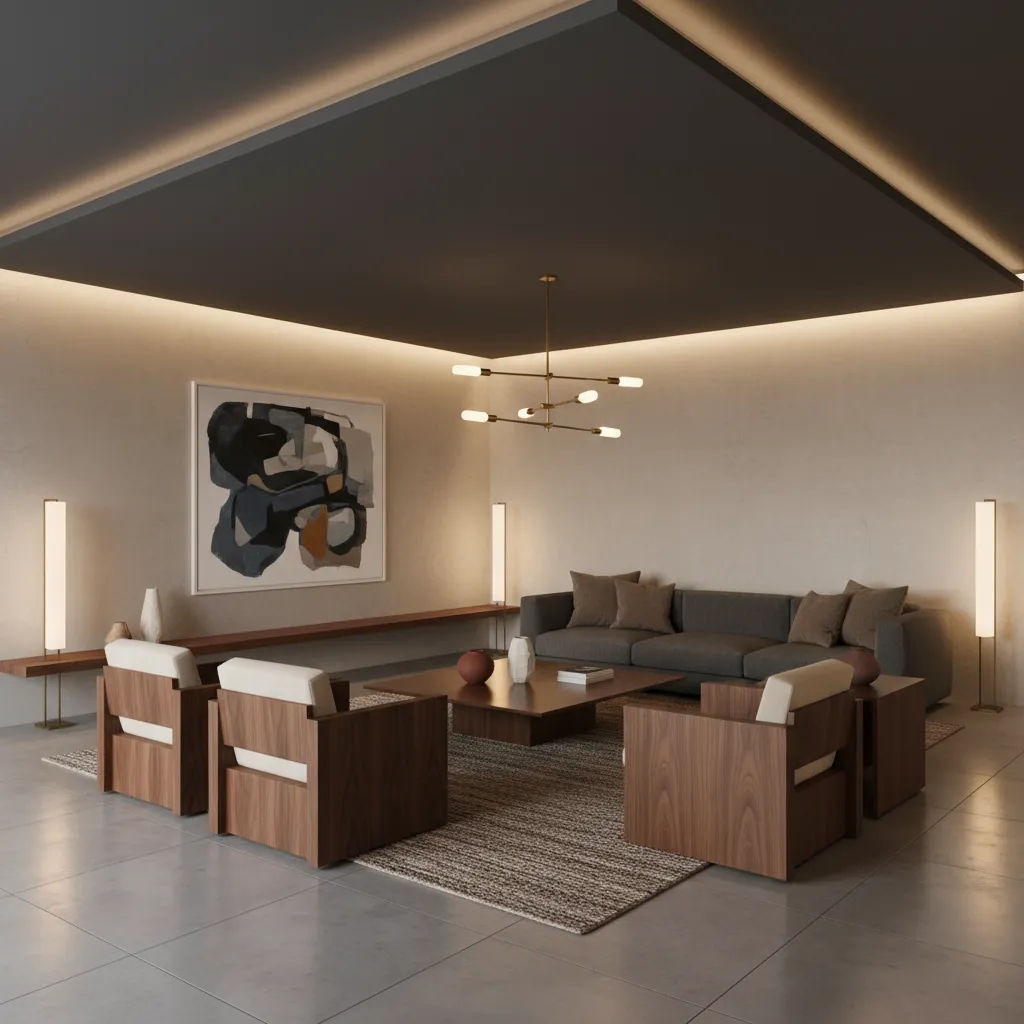 Sala moderna con techo gris oscuro y muebles marrones