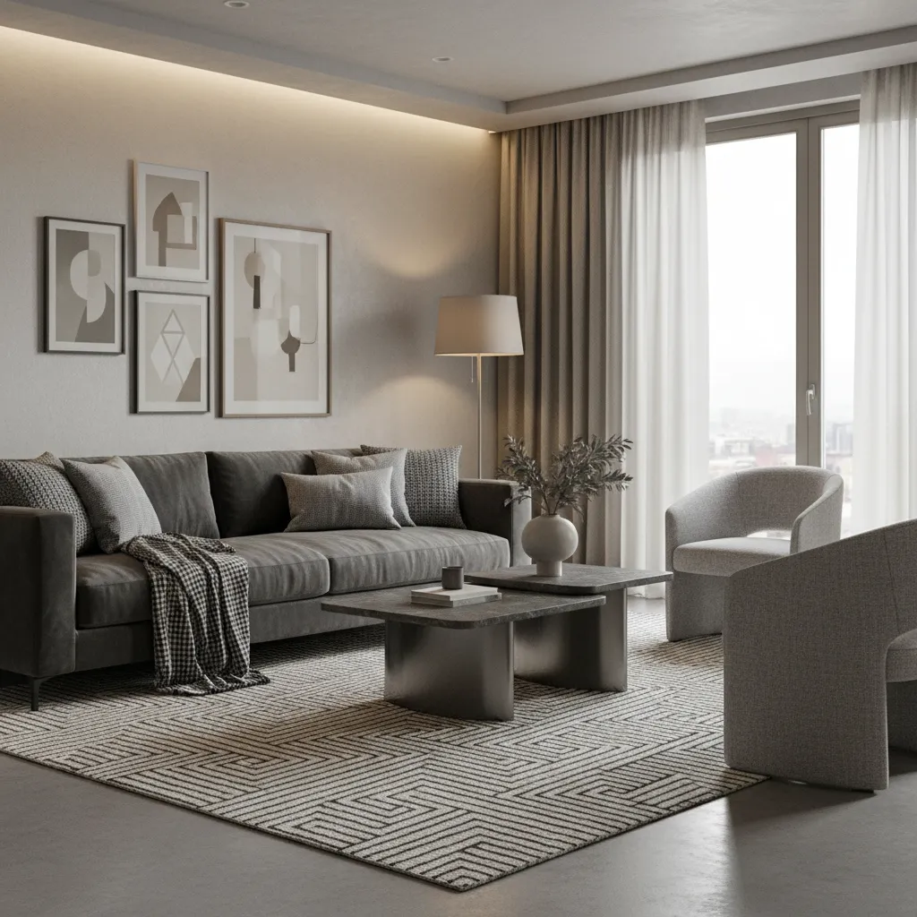 Sala gris con textiles y diferentes texturas