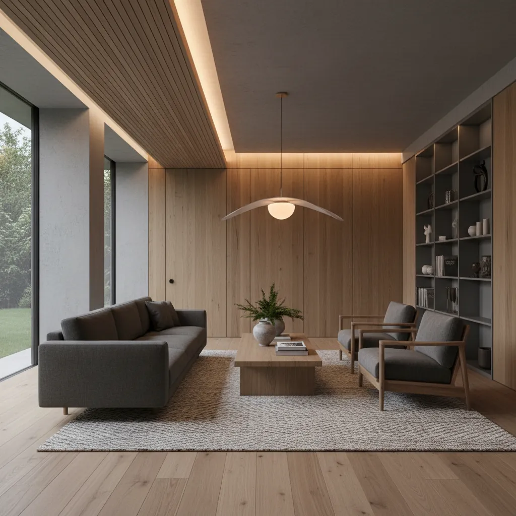 Interior gris con madera natural y iluminación cálida