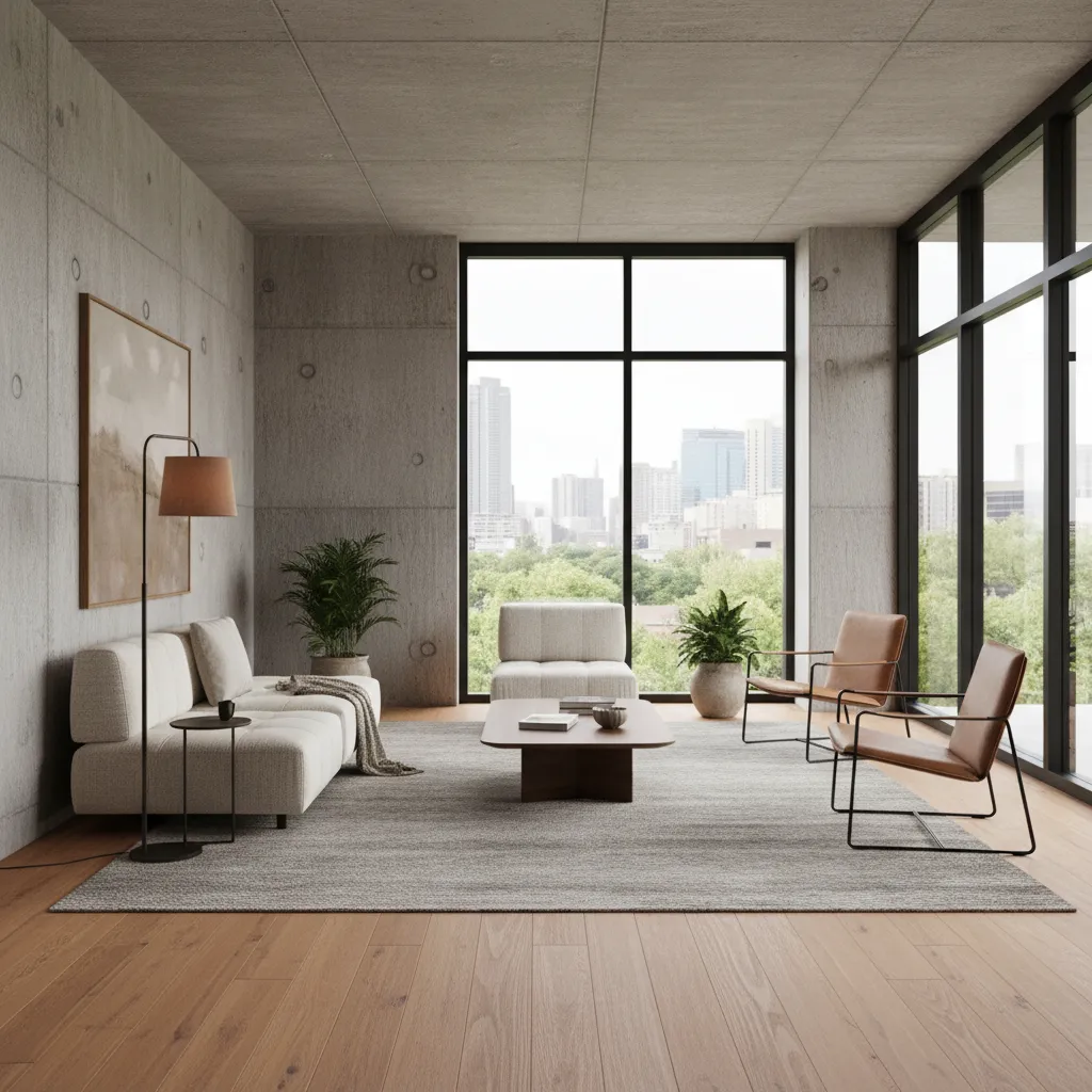 Interior moderno con paredes de hormigón y detalles de madera