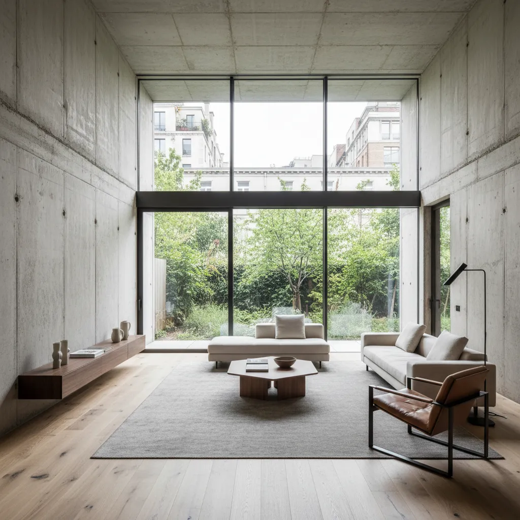 Interior moderno con paredes de hormigón y grandes ventanas