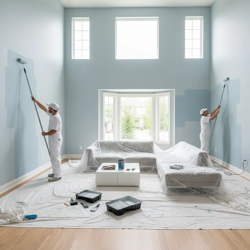 Professional painters working efficiently inside a large residential living room