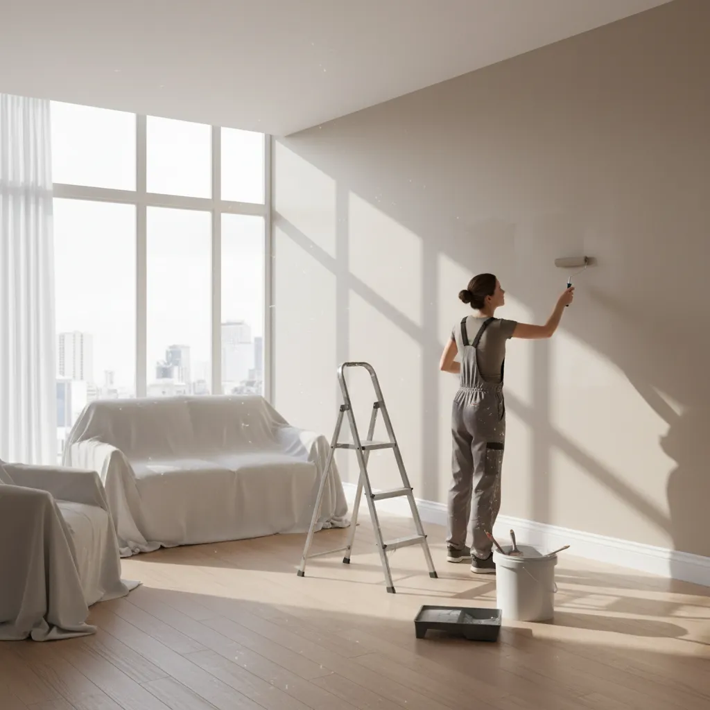 Homeowner painting a living room wall with roller during a DIY painting project