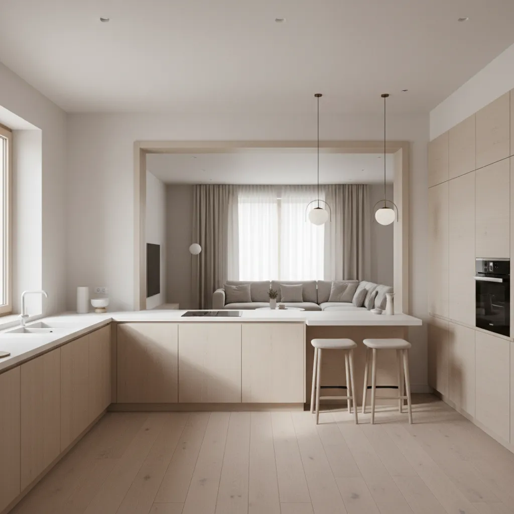 Interior window opening between kitchen and living room allowing light flow