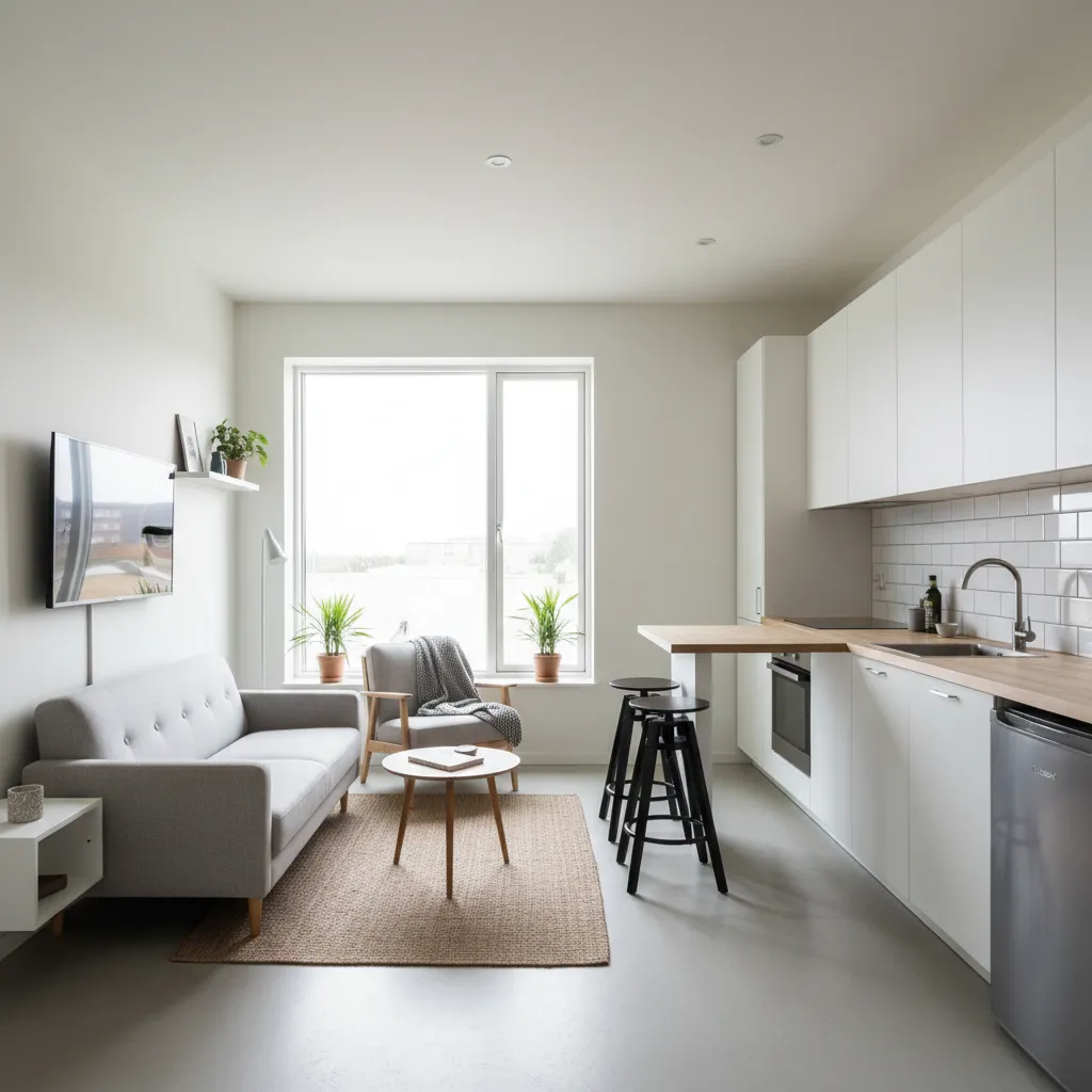 Modern studio apartment with grey sofa wooden coffee table white kitchen cabinets and bright natural light