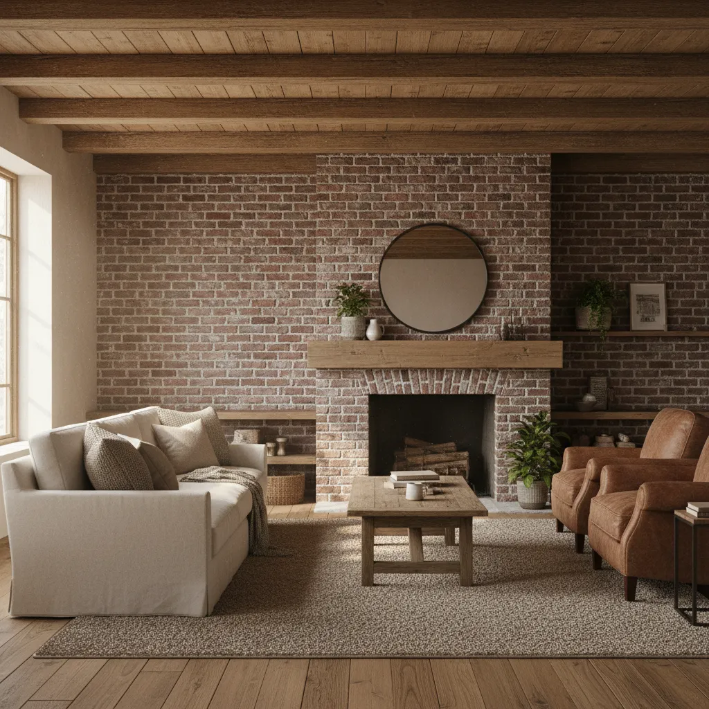 Salón rústico con pared de ladrillo visto y vigas de madera