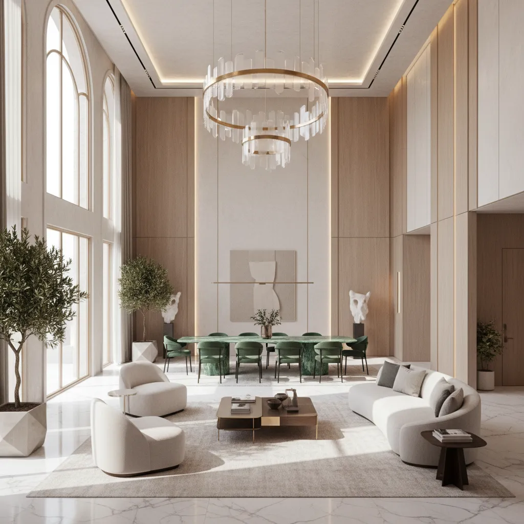 Interior rumah dengan langit langit tinggi dan jendela besar