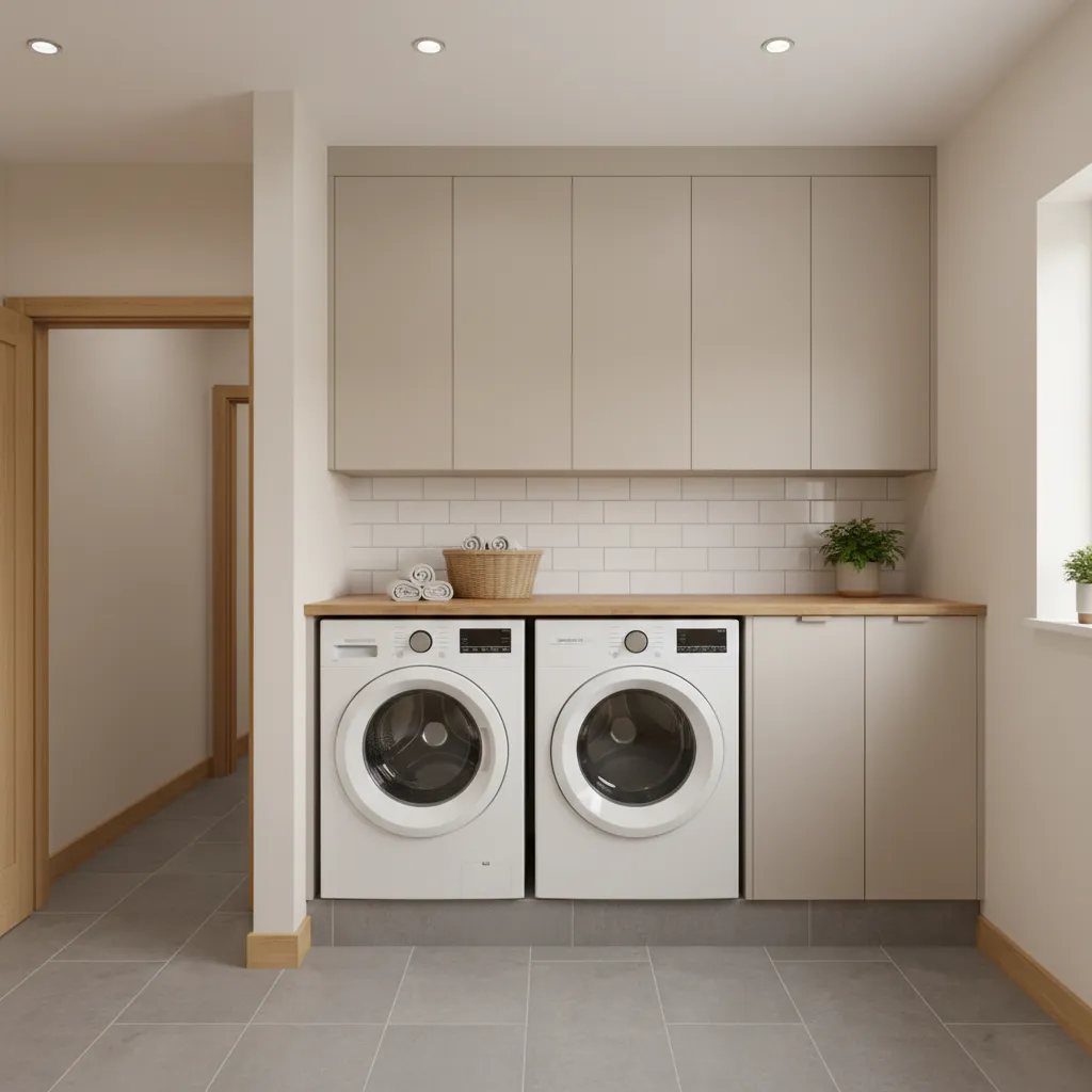 typical home laundry room layout with washer dryer cabinets and interior doorway