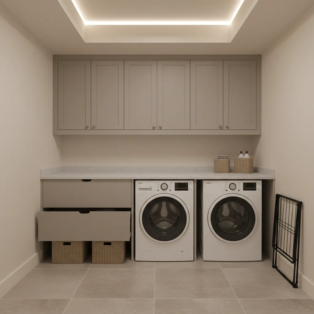 Windowless interior laundry room with washer and dryer positioned along wall