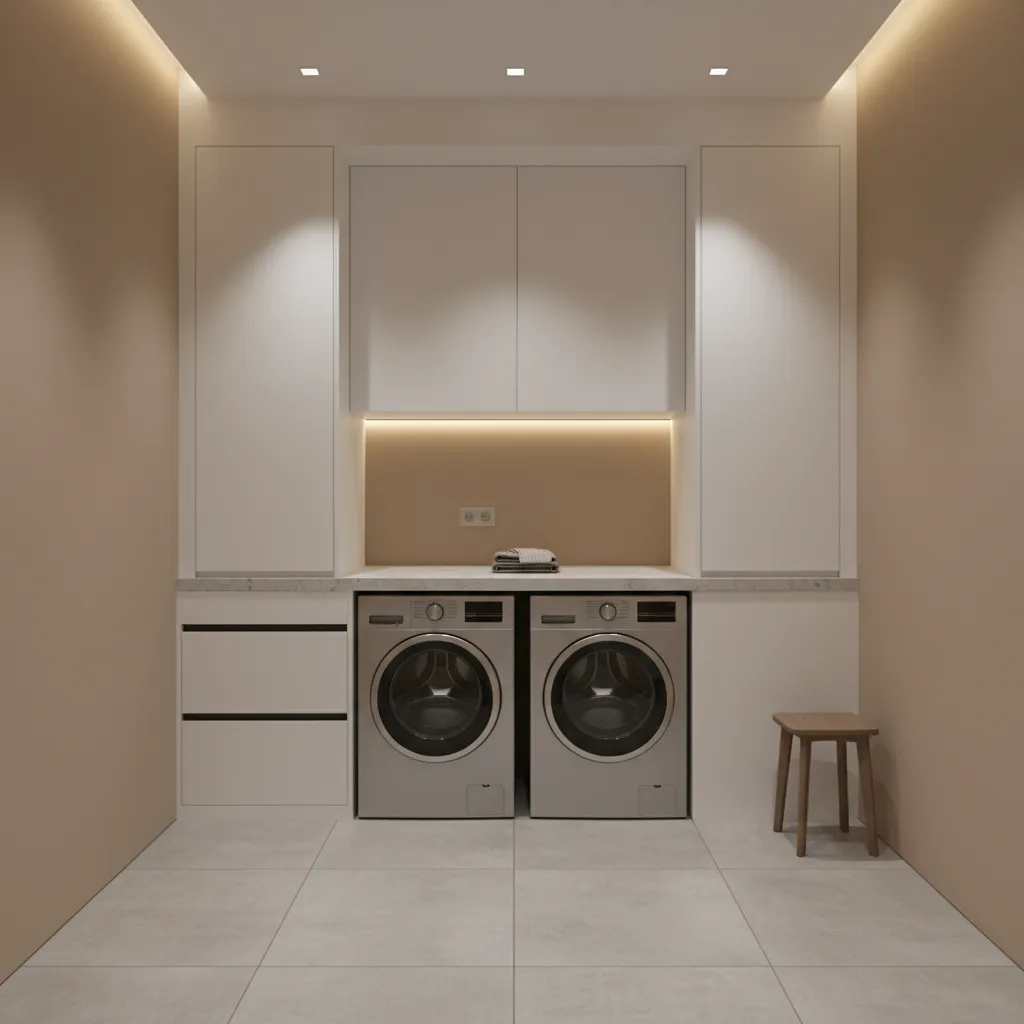 Interior laundry room positioned at the center of a house for tornado shelter safety