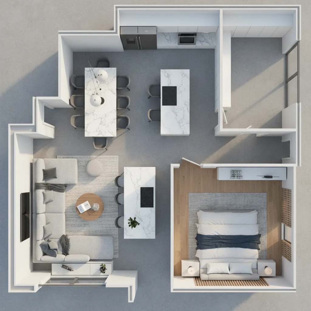 3D floor plan layout showing furniture placement and interior zoning