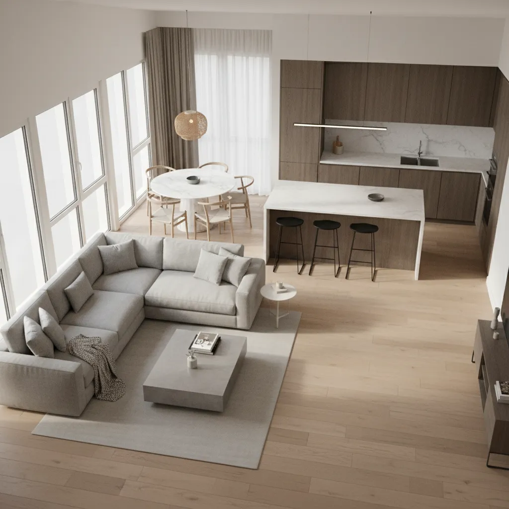 3D interior layout showing furniture placement and room flow