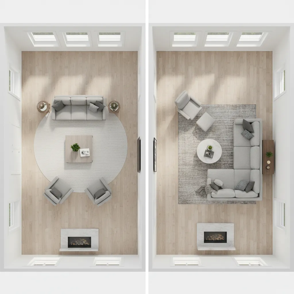 side by side digital room layout comparison showing two furniture arrangements