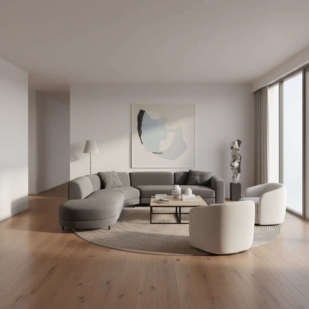 modern living room layout showing furniture placement guiding visual flow over hardwood floor