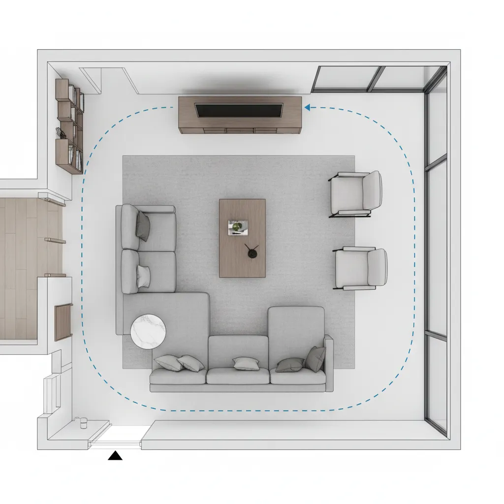 Plano interior mostrando zonas de circulación alrededor de muebles