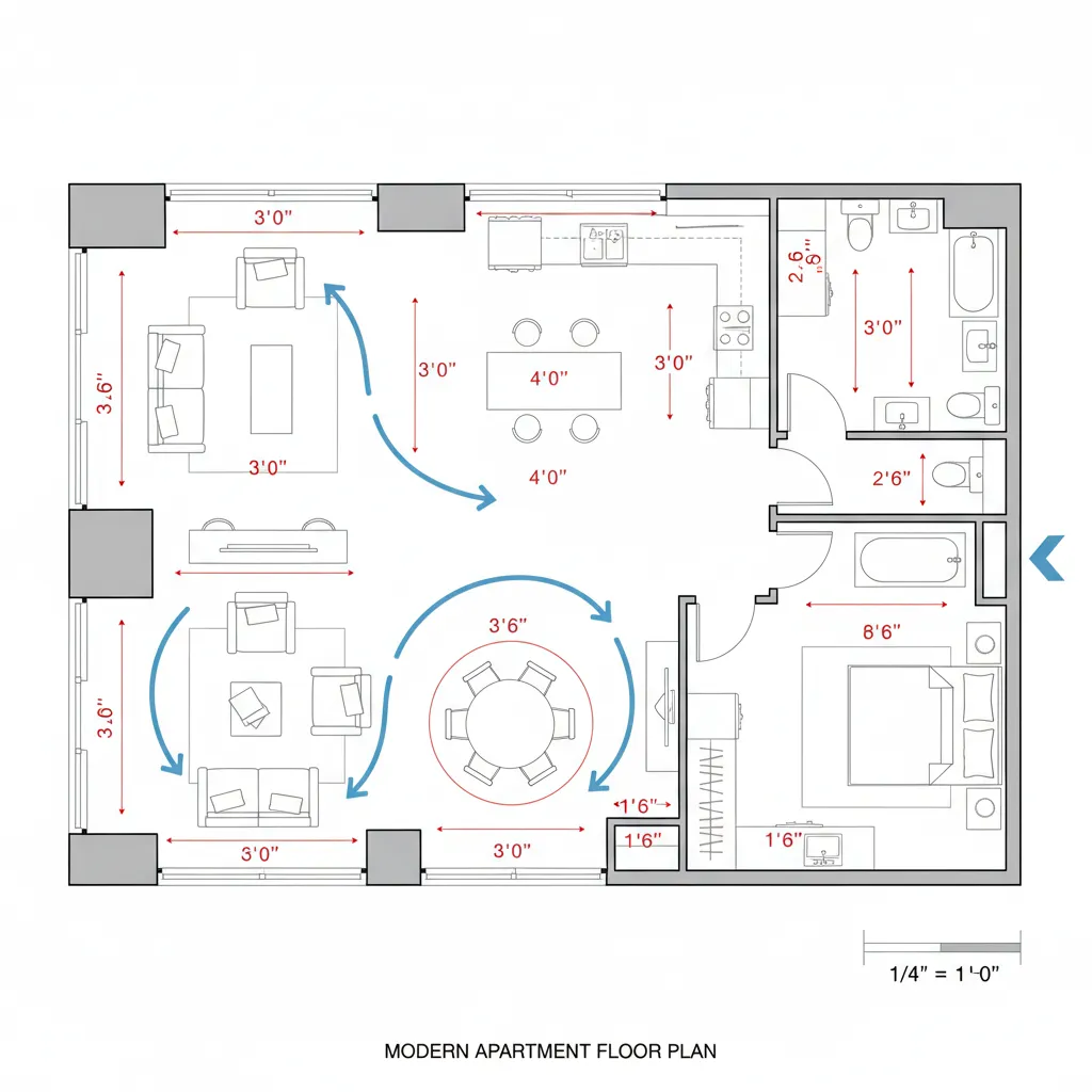 Interior floor plan showing circulation paths and spacing measurements