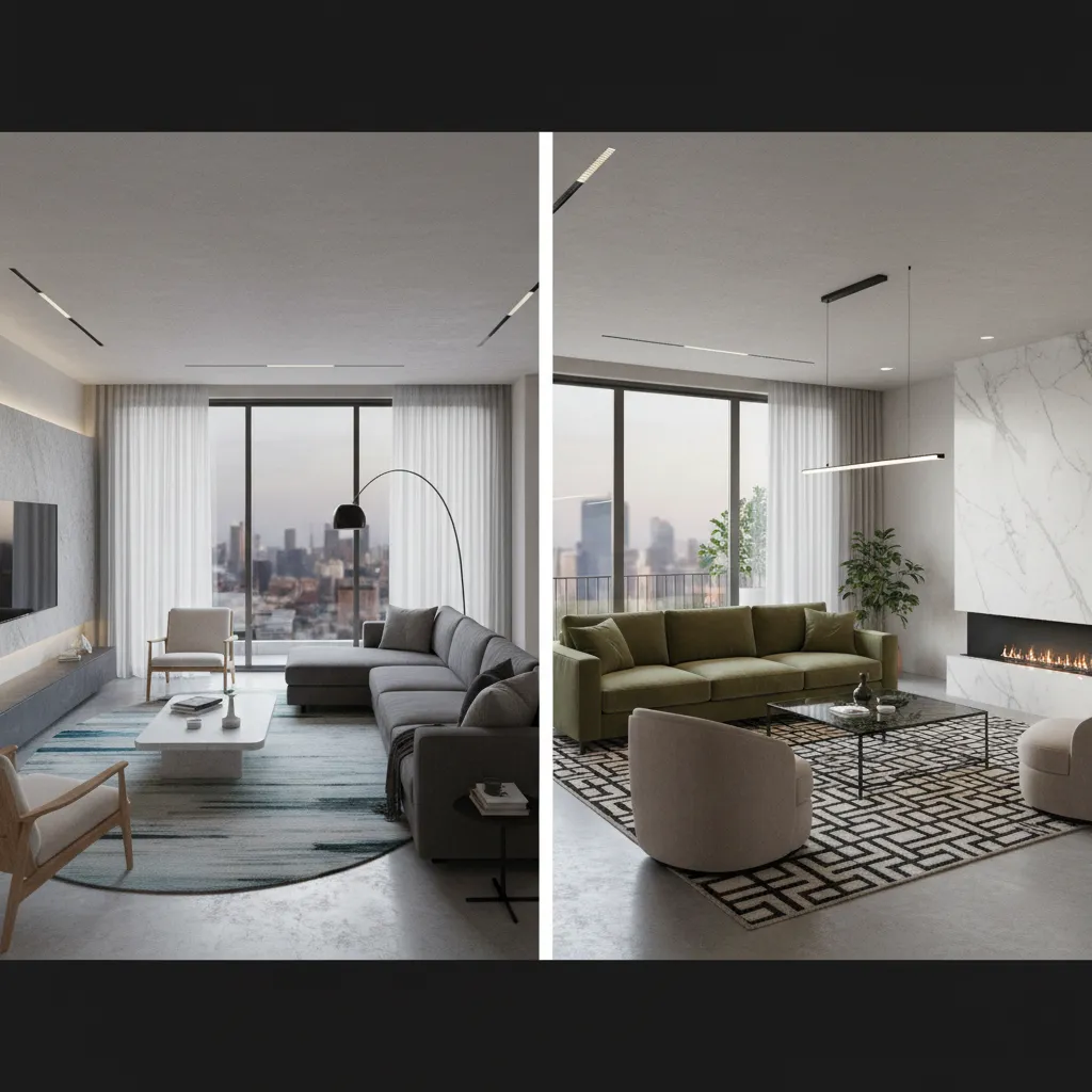 Comparación de dos distribuciones diferentes de muebles en un salón digital