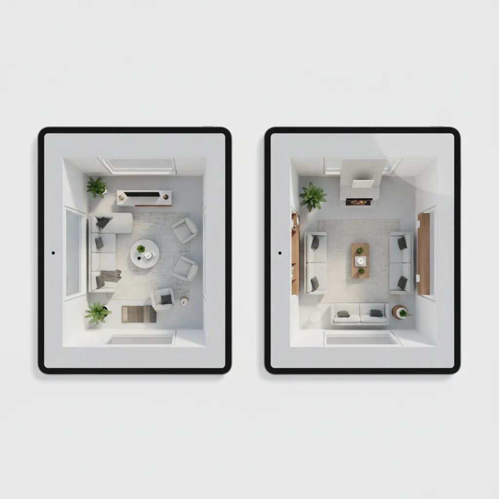 Comparación de dos distribuciones diferentes de un salón en un plano digital