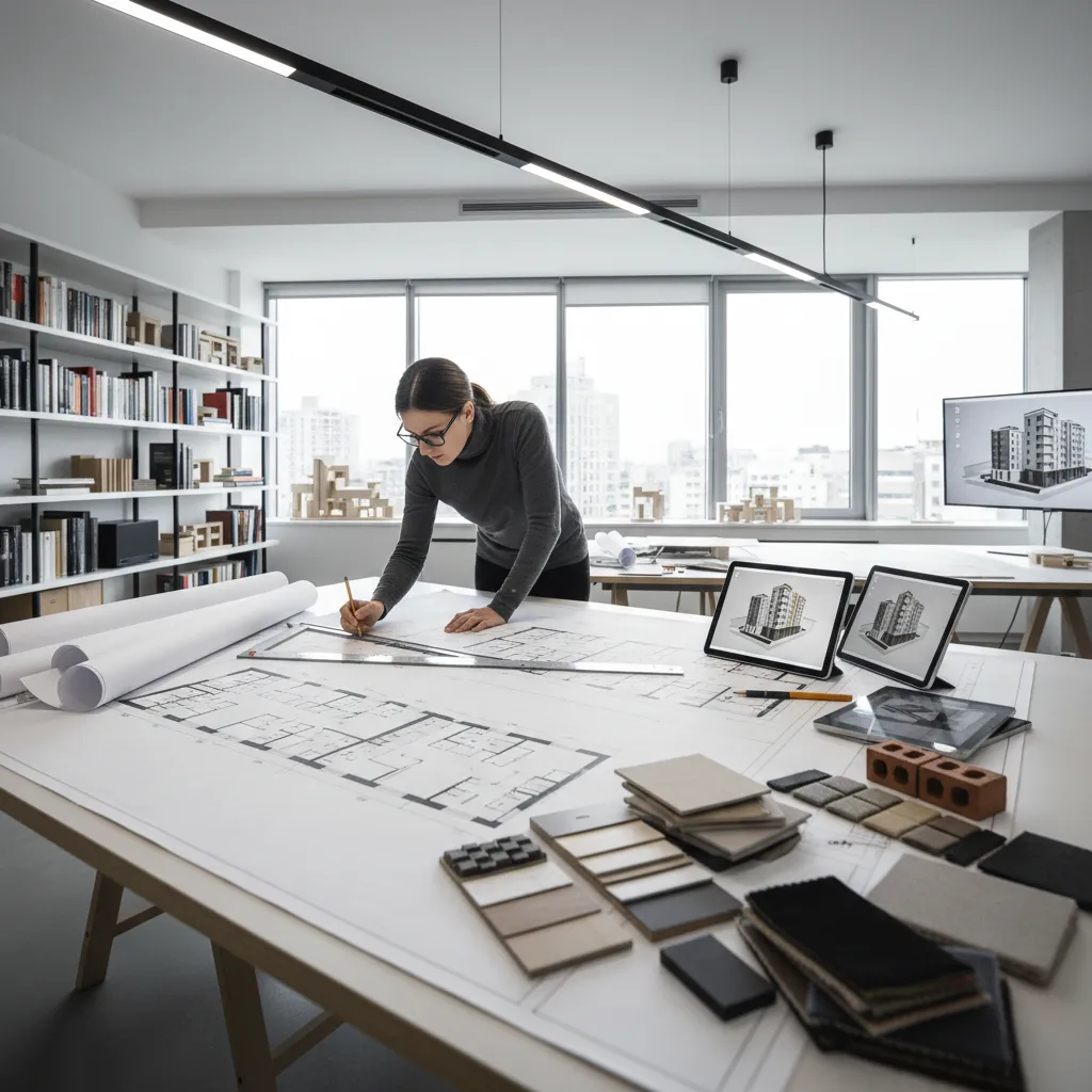 Female designer drawing on a room layout with material samples and tablets showing house designs