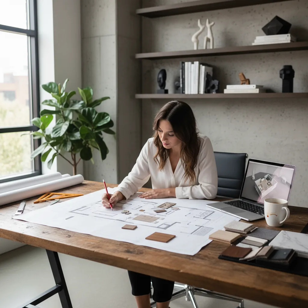 Diseñador analizando distribución de muebles en plano de vivienda