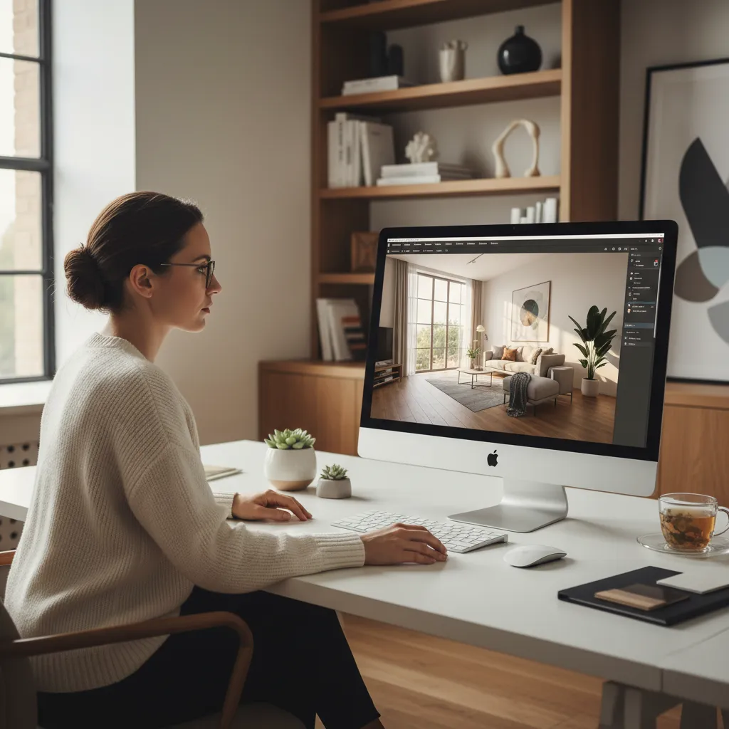 interior designer reviewing digital 3D room model on computer