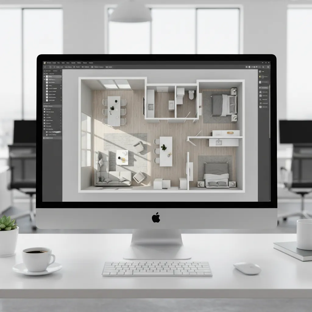 Pantalla mostrando plano 3D de una vivienda con muebles distribuidos