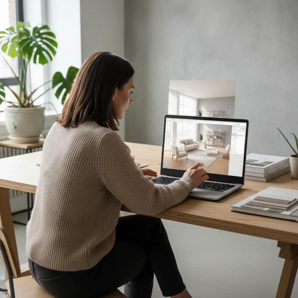 Interior designer planning furniture layout using digital modeling software