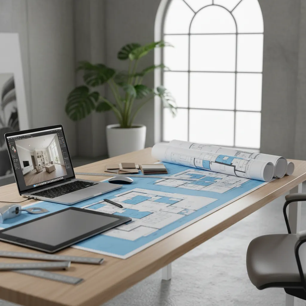 Designer planning room layout with printed floor plan and laptop