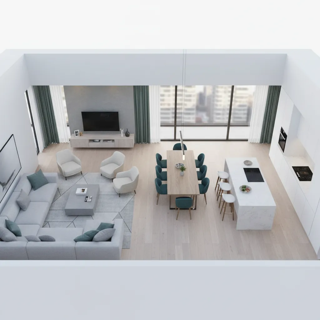 Interior layout concept showing functional zoning in a modern apartment