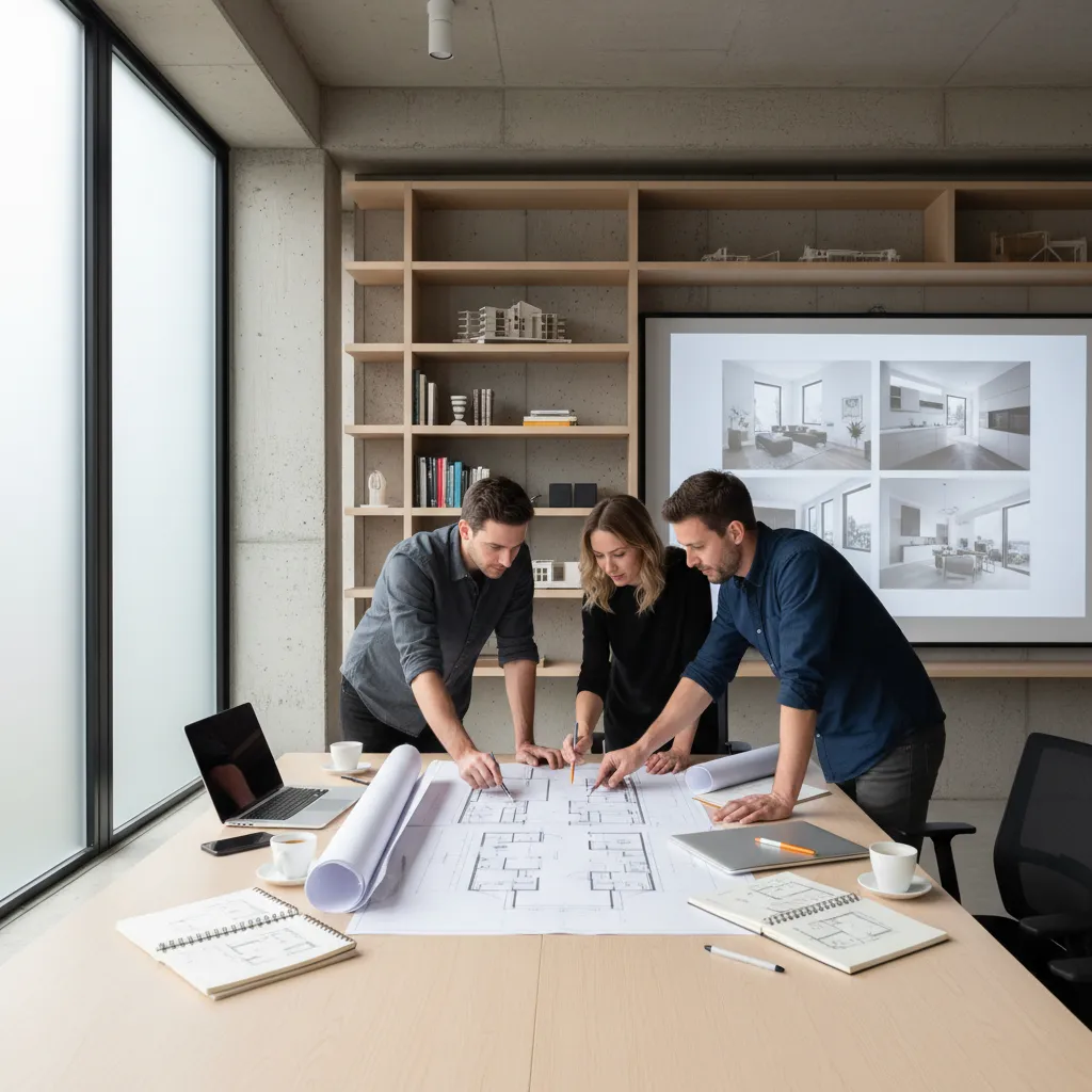 Design team reviewing apartment floor plan layout during interior planning