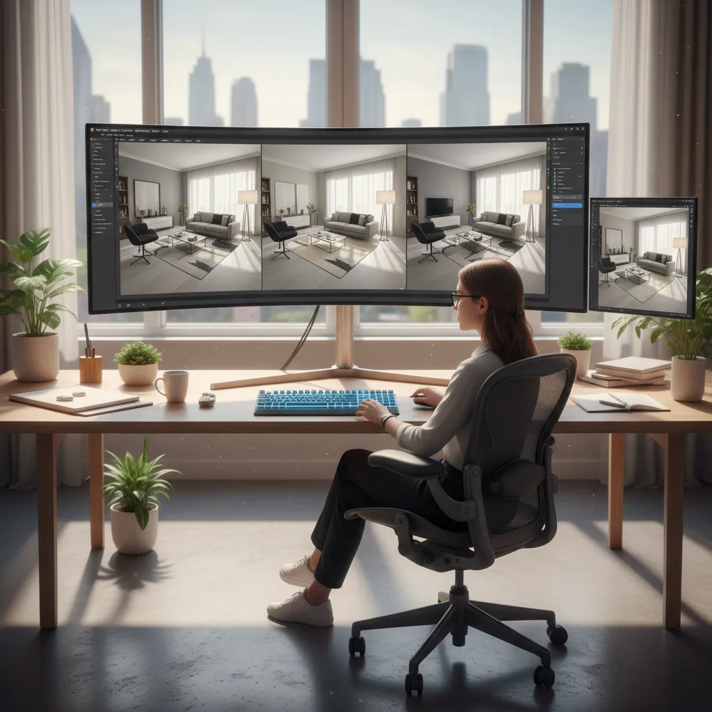 Designer working on a wide monitor showing three different living room layout design options clearly