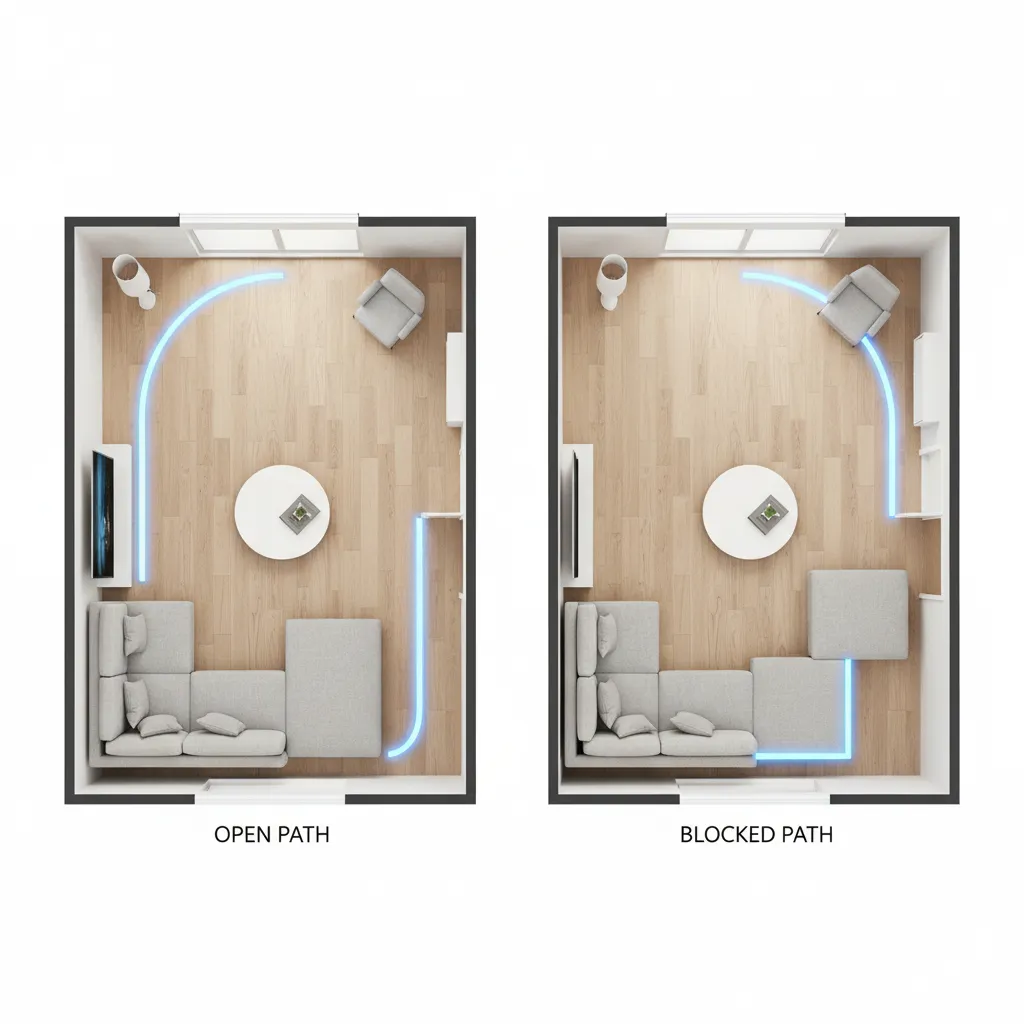 Interior layout showing clear circulation path compared with blocked walkway