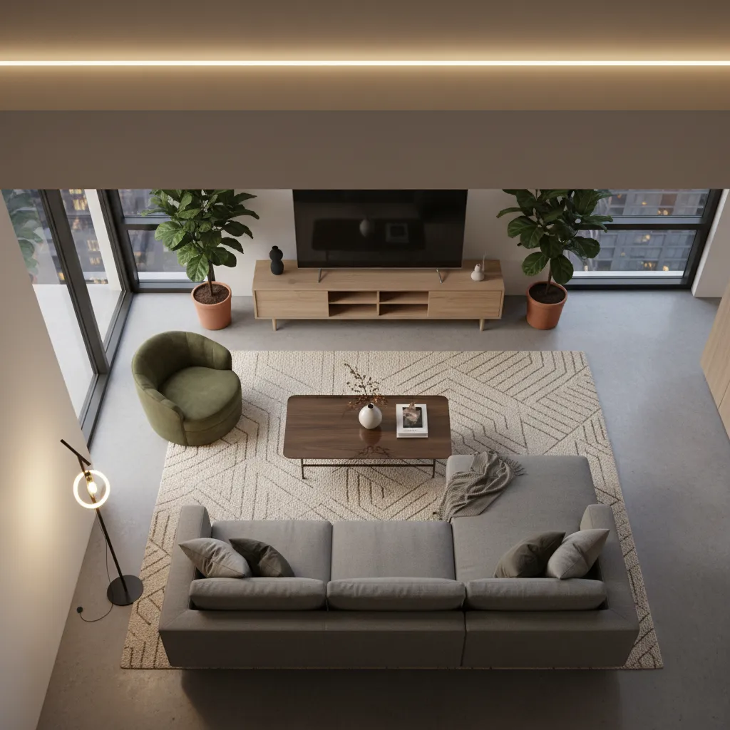 Top view room layout showing grey sofa green armchair wooden cabinet and patterned area rug