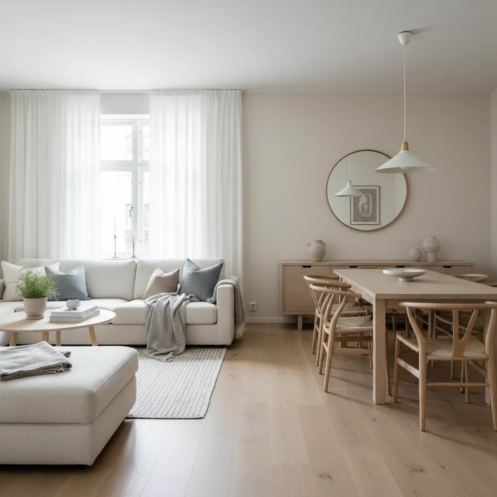 Minimalist living room with white sofa wooden dining table and round mirror on the wall