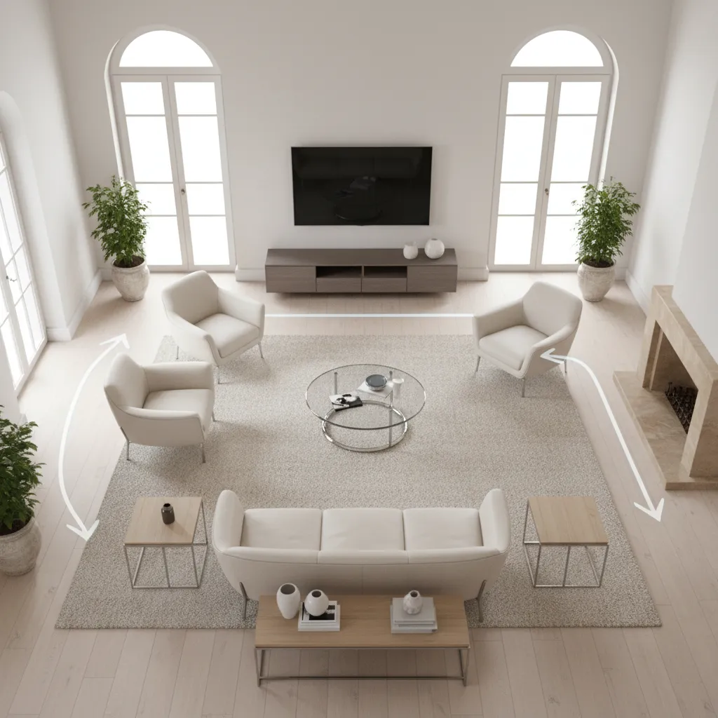 Interior layout showing furniture placement and clear circulation path for energy flow