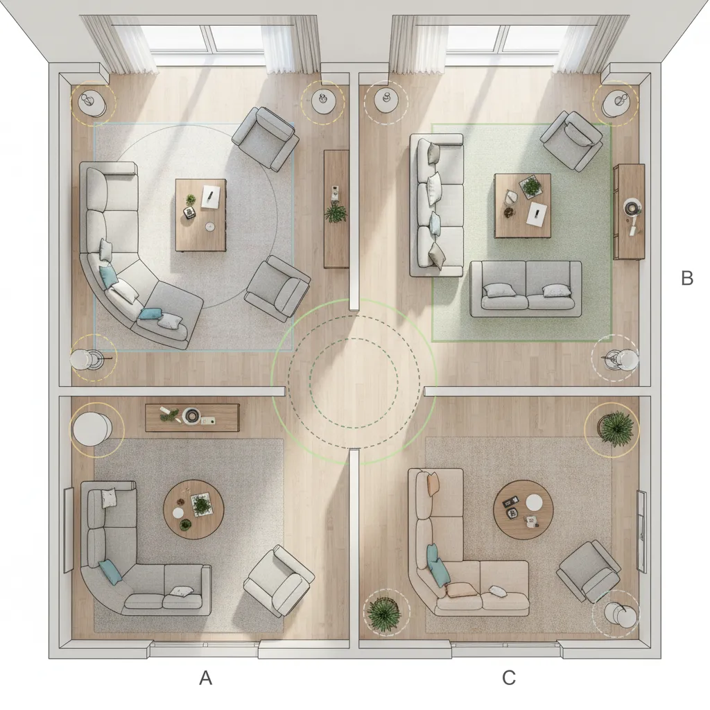 Plano de salón con diferentes distribuciones de muebles