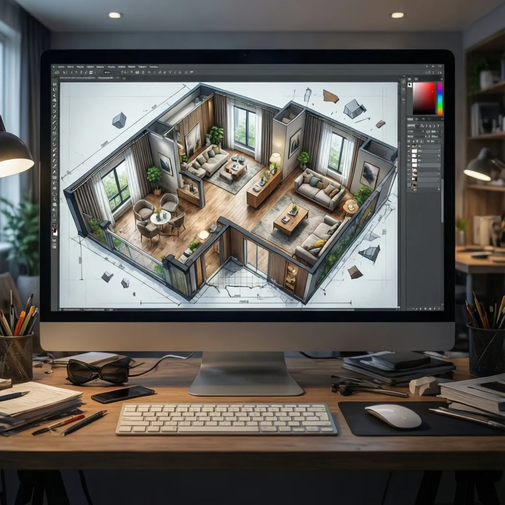 Pantalla mostrando distribución de muebles en plano de vivienda