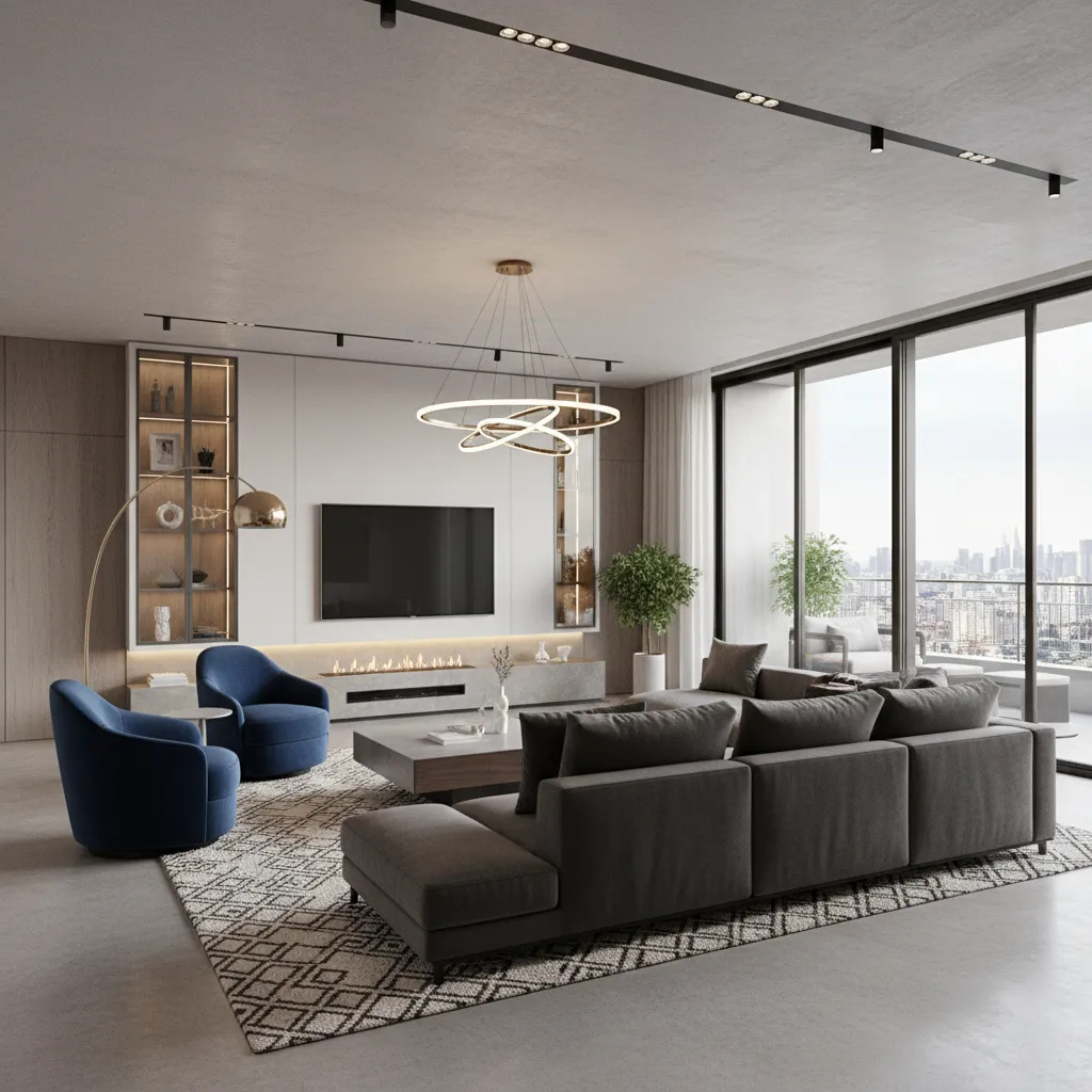 Diseño de distribución de un salón moderno con muebles bien organizados