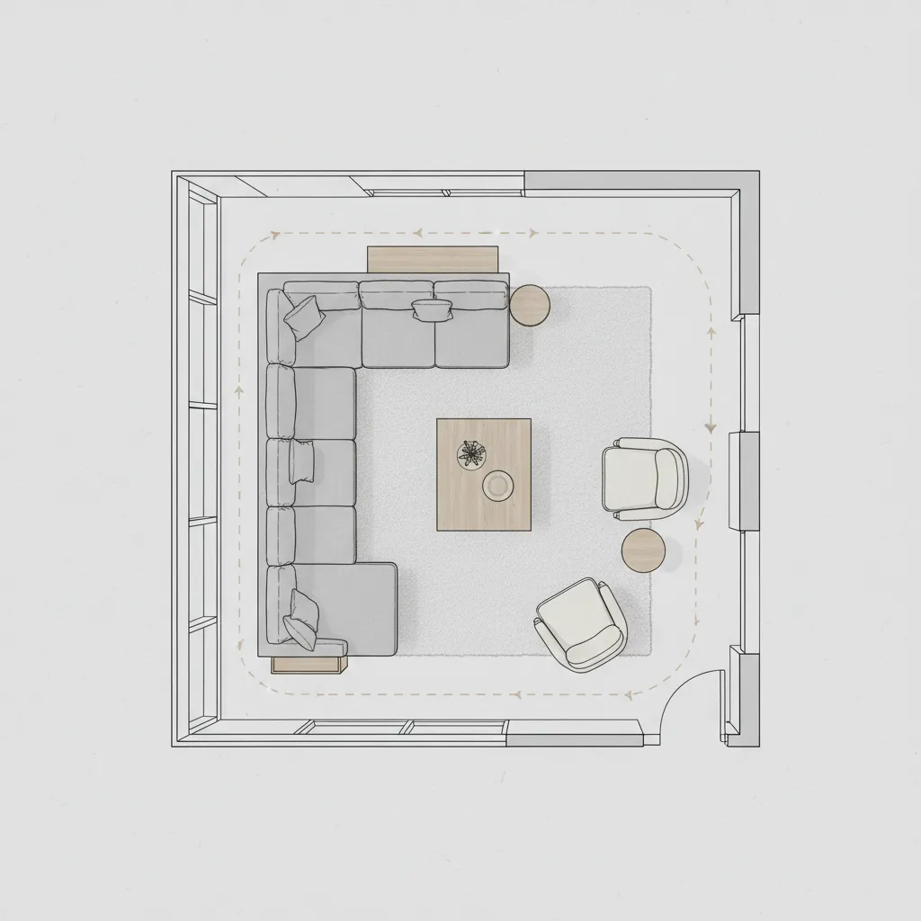 Top view interior design drawing of living room layout with sofa rug and coffee table