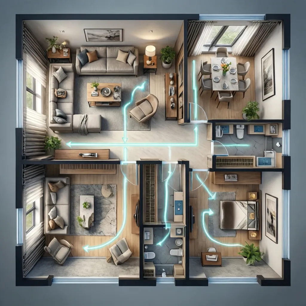 Plano de distribución de un salón con zonas de circulación marcadas