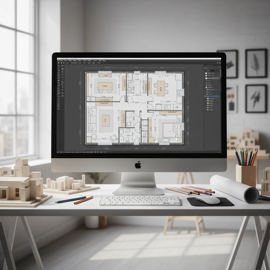 Plano digital con medidas de habitaciones y muebles