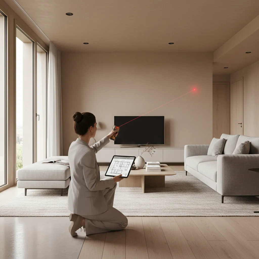 Designer measuring room dimensions while referencing a digital floor plan