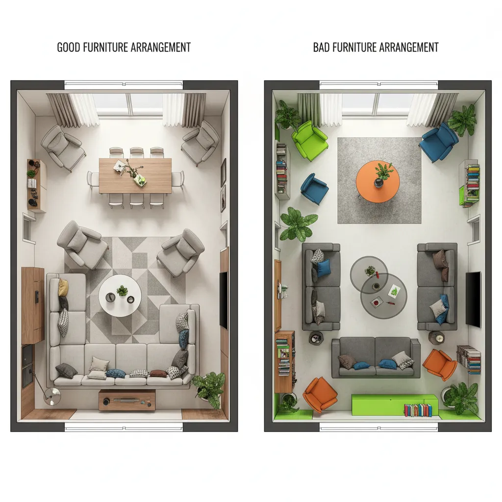 Comparación de distribución incorrecta y correcta de muebles en una habitación