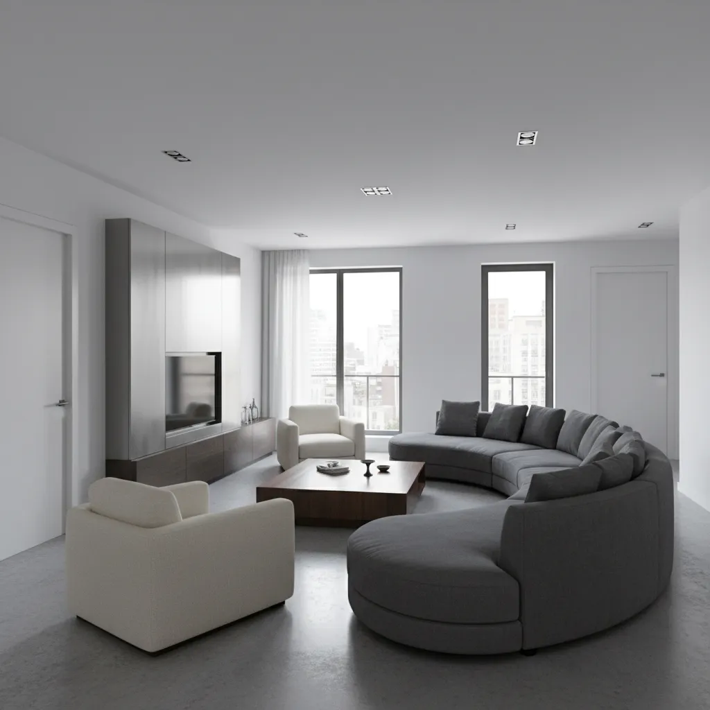Modern living room with large curved grey sofa wooden coffee table and two white armchairs