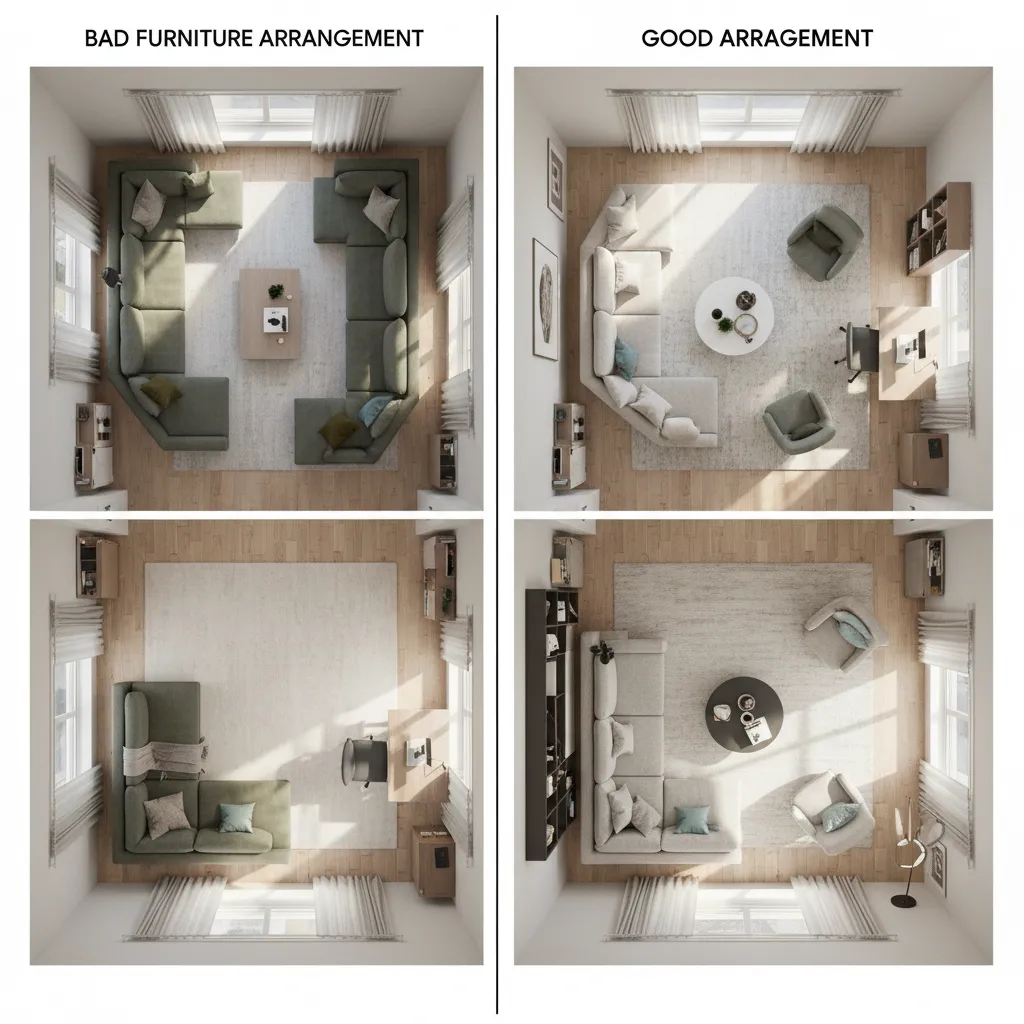 Comparación de mala y buena distribución de muebles en una sala