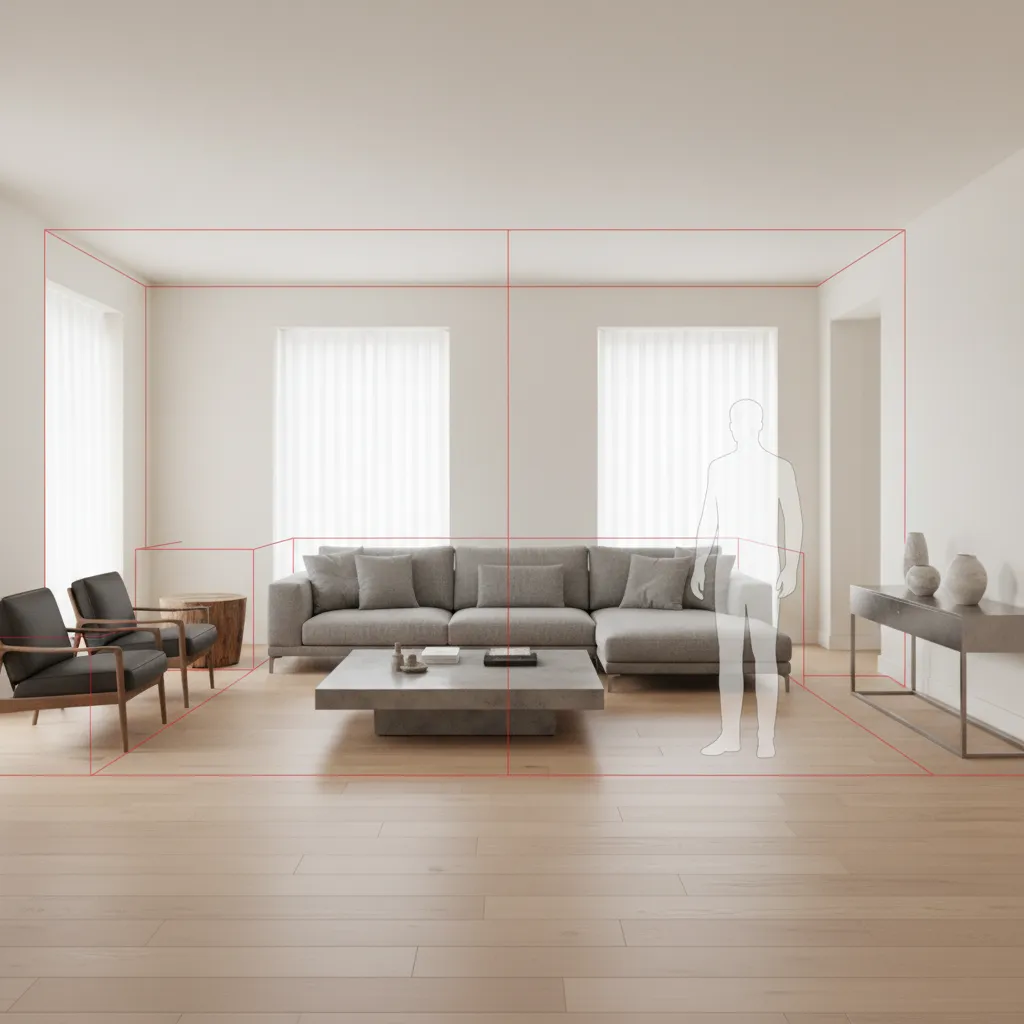 Comparación visual de escala de muebles en un diseño interior