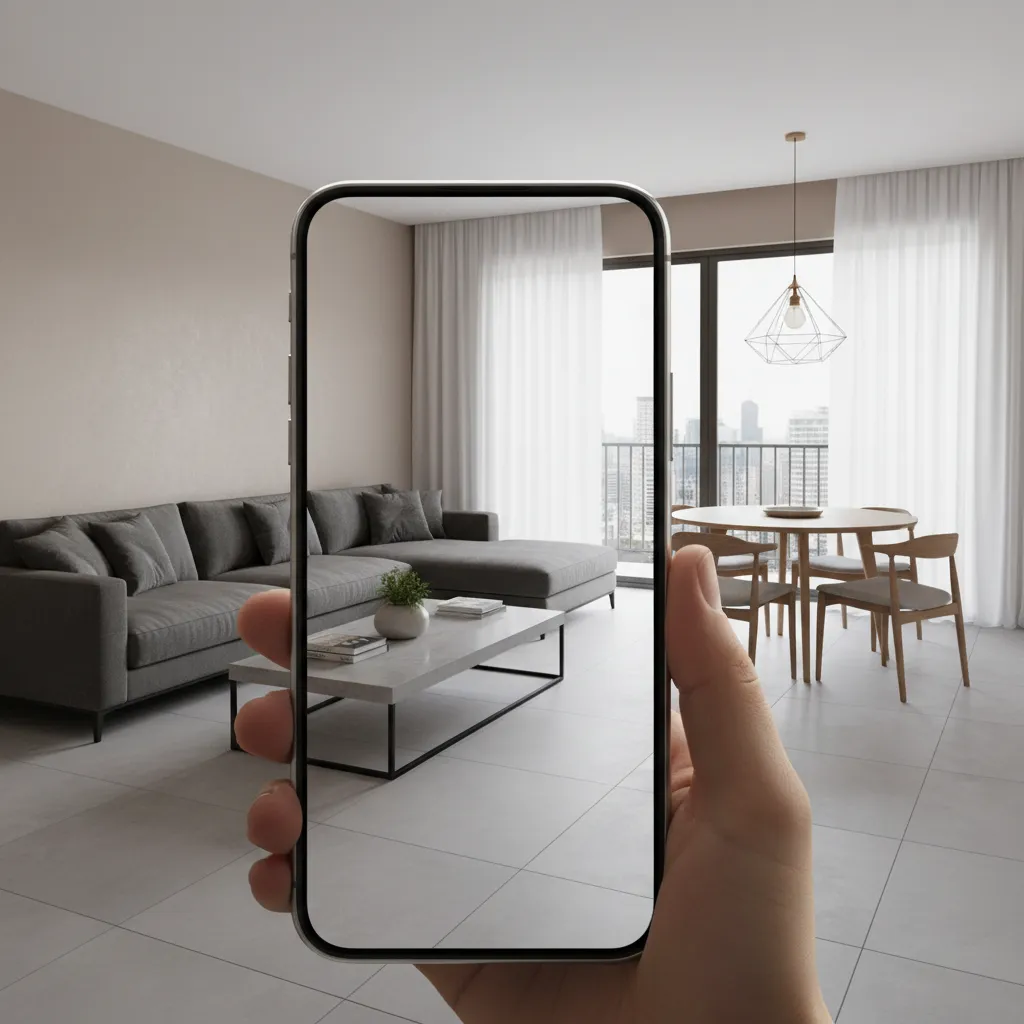 Hand holding phone framing modern living room with grey sofa wooden dining table and windows