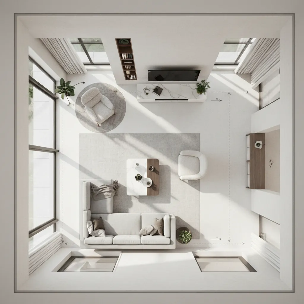 Interior architectural concept showing optimized furniture layout and circulation paths