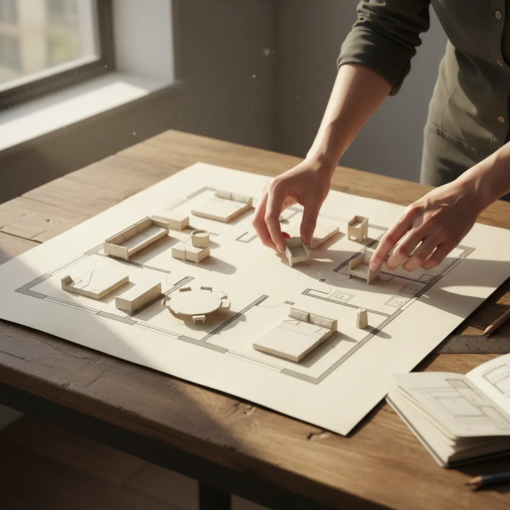 Hands placing miniature furniture models onto a paper floor plan layout on a dark wooden desk